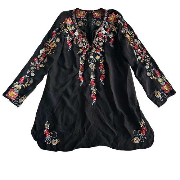 Johnny Was Womens Large Autumn Bloom Black Embroidered Floral Tunic Top - Picture 2 of 15